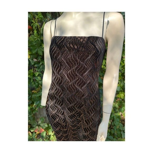 Vintage | 90s Formal Gown Dress Velvet Burnout Gold Metallic Spaghetti Straps 14 - Picture 3 of 14